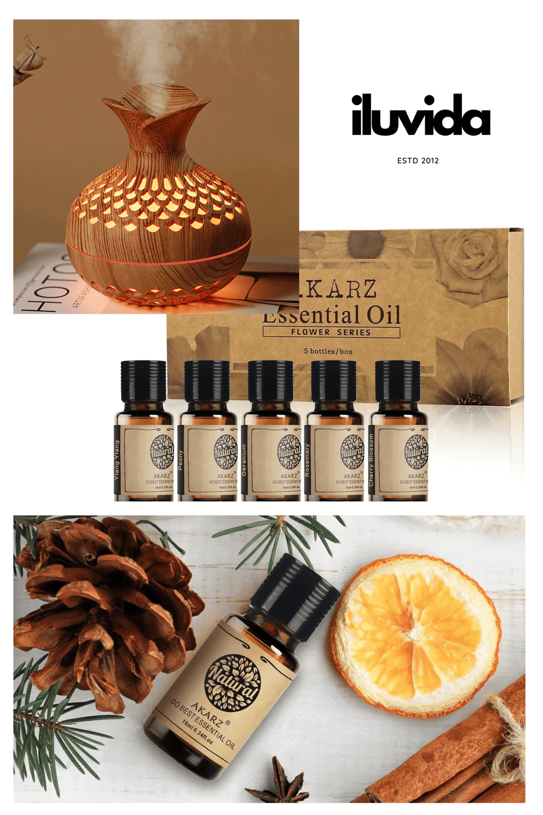 Iluvida Essential Oil Light Wood Akarz Oil Quintet with Wood Grain Diffuser Set